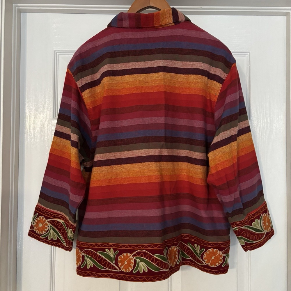 VTG Tantrums Women's XL Rainbow Stripe Cotton Jacket Light Coat Embroidered Trim - Picture 2 of 7